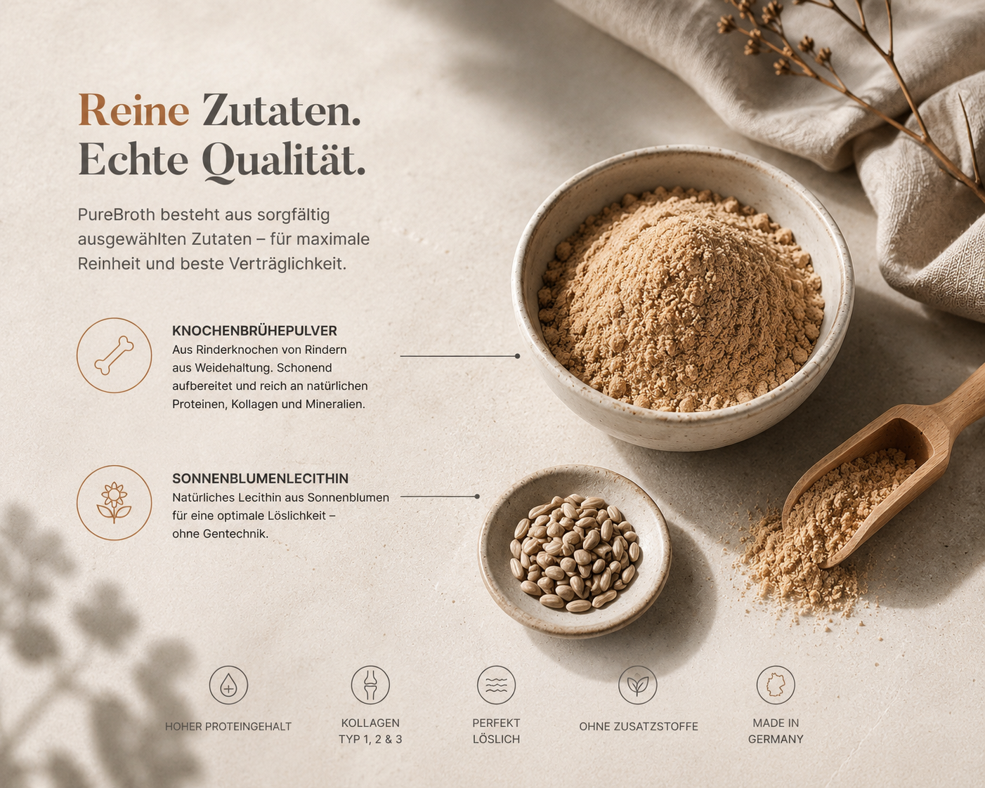 sensé PureBroth Knochenbrühe Pulver – Verpackung und Produktdetails
