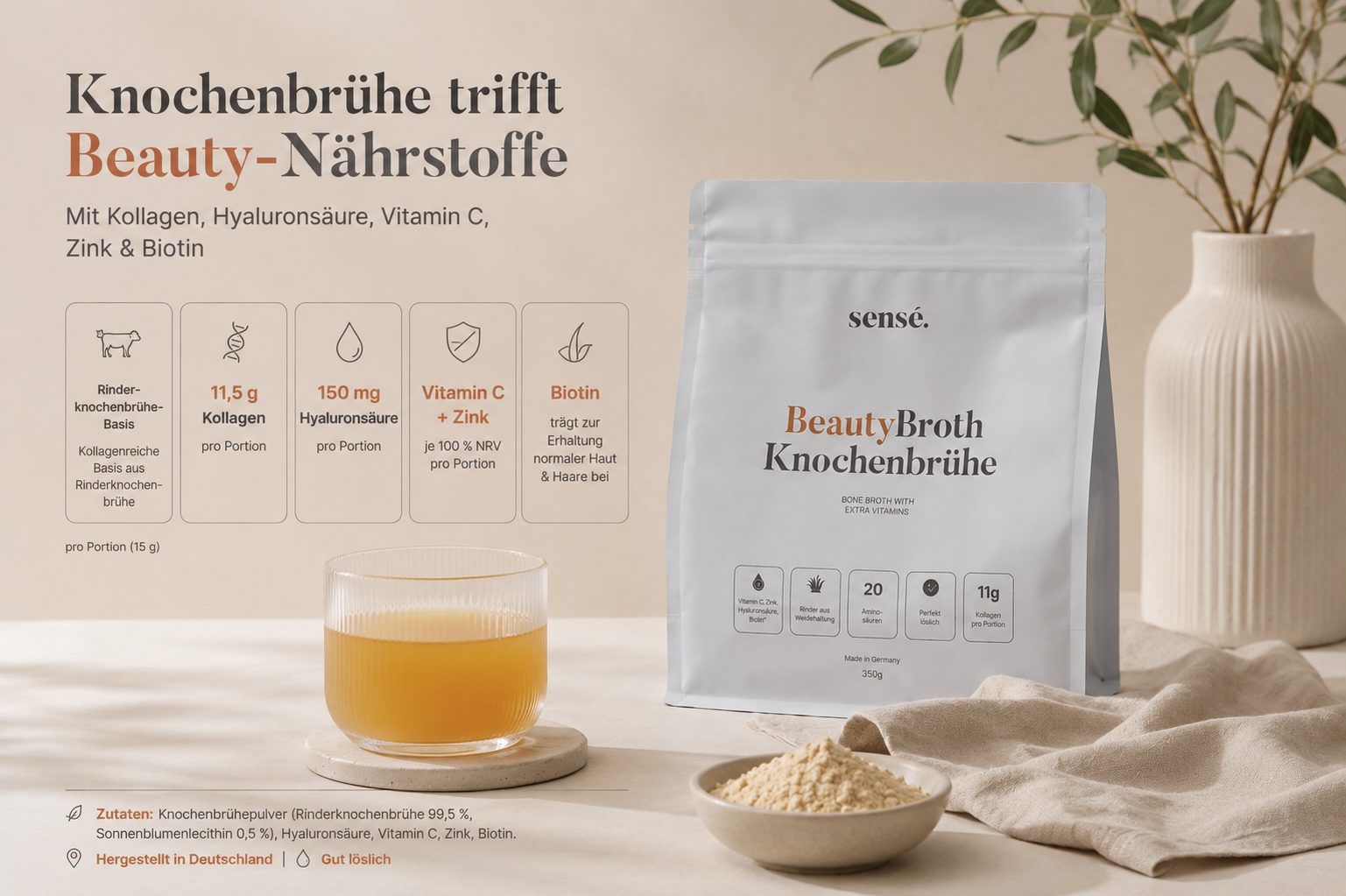 sensé BeautyBroth Knochenbrühe Pulver – Verpackung und Produktdetails