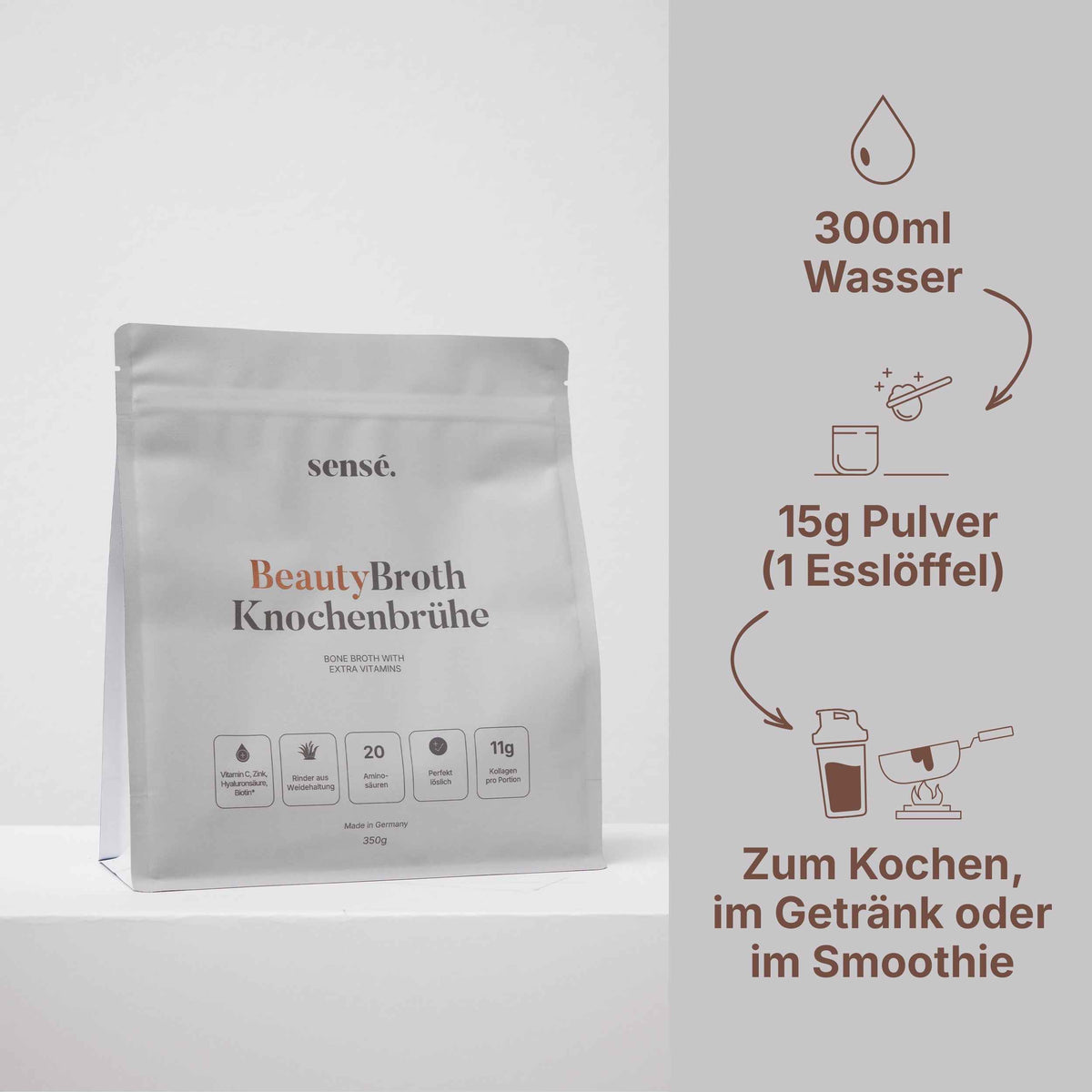 Zubereitung von BeautyBroth: 15 g Knochenbrühe Pulver in 300 ml Wasser