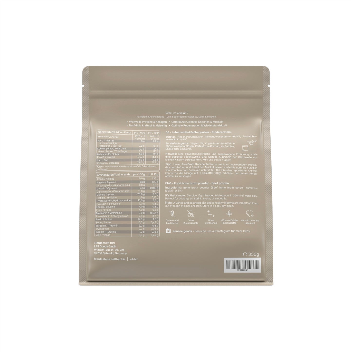 sensé PureBroth Knochenbrühe Pulver – Rückansicht